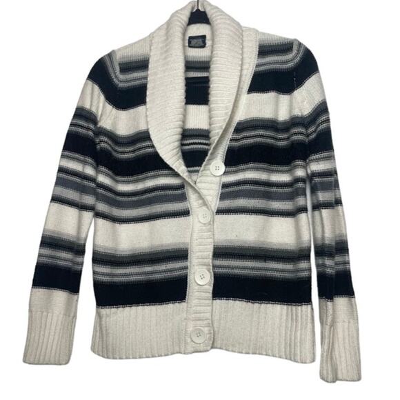 Cream Chunky Cardigan Womens Size Small Striped Sweater Long Sleeve Knit Top - Picture 1 of 12